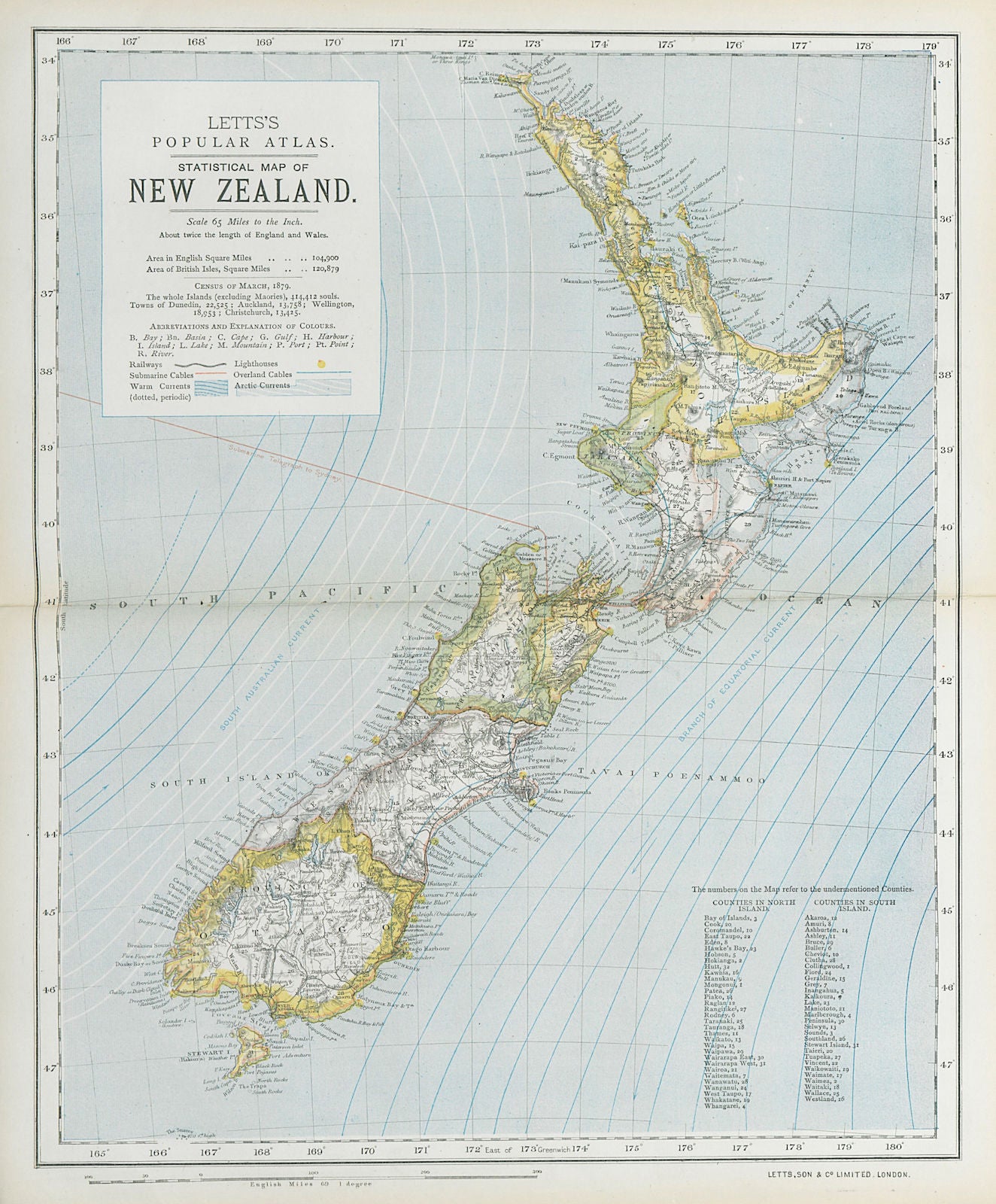 NEW ZEALAND Lighthouses railways telegraph cables ocean currents. LETTS 1883 map